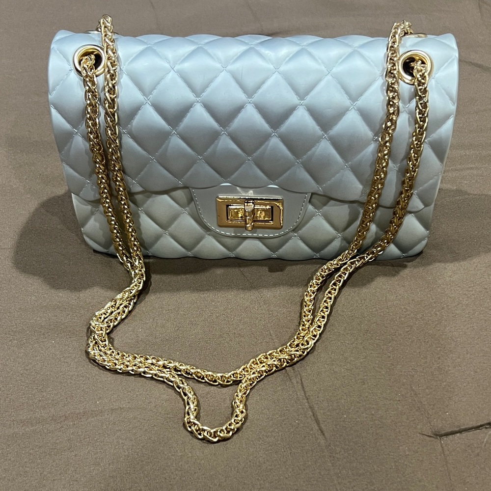 Mini Quilted, Chain Shoulder Bag in Light gray with Gold Hardware